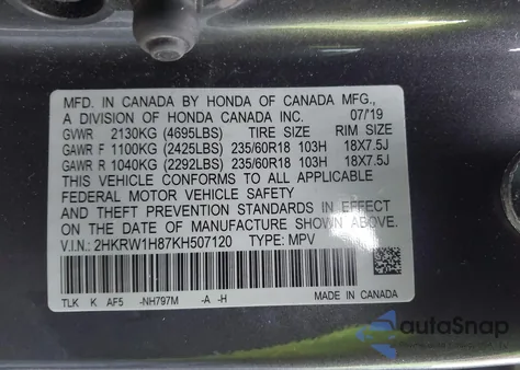 2019 Honda Cr-V Ex-L from USA, damaged, VIN 2HKRW1H87KH507120